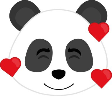 Bir karikatür panda suratının vektör simgesi. Sevgi ifadesi ve kalplerle çevrili bir panda.