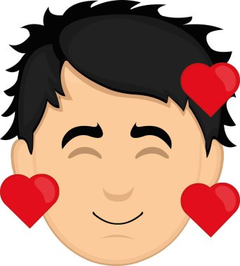 Kalplerle çevrili genç bir adamın karikatür yüz tasviri.