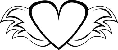Siyah beyaz çizilmiş kanatlı kalbin vektör çizimi