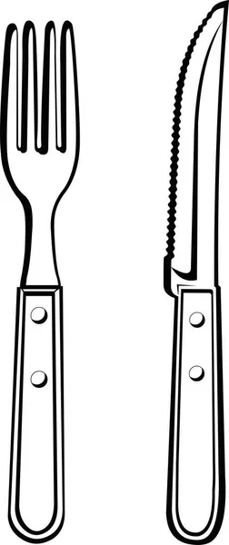 Vektorillustration Eines Küchenmessers Und Einer Gabel Schwarz Weiß Gezeichnet — Stockvektor