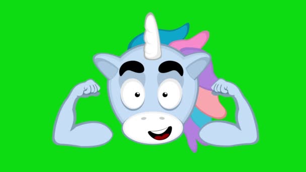 Animasi Loop Dari Wajah Unicorn Kartun Meregangkan Lengannya Dan Mengerut — Stok Video