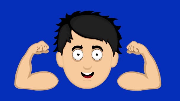 Кольцевая Анимация Лица Молодого Человека Подхватившего Бицепсы Фоне Голубой Хромы — стоковое видео