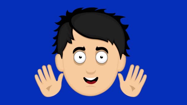 Smyčka Animace Obličeje Kresleného Mladého Muže Mávající Modrém Pozadí Chroma — Stock video