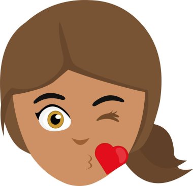 Karikatürdeki esmer bir kadının kalp şeklinde bir öpücük veren yüzünün vektör çizimi.