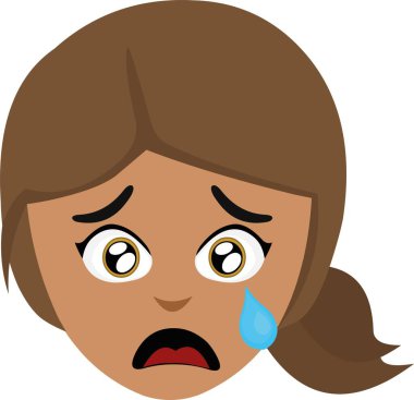 Karikatür çizen esmer bir kadının üzgün ya da korkmuş bir yüz ifadesi ve gözlerinden akan bir gözyaşının vektör çizimi.