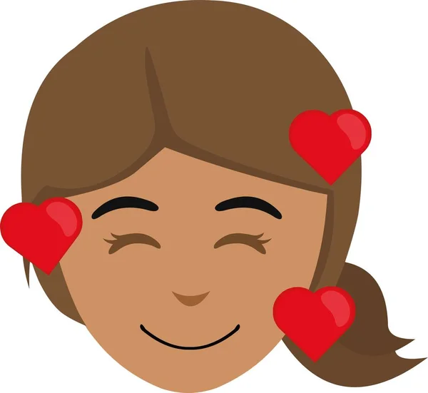Векторна Емоційна Ілюстрація Обличчя Жінки Брюнетки Оточенні Сердець — стоковий вектор