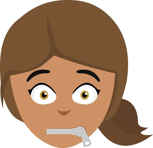 Vector Illustration Face Cartoon Brunette Woman Zipper Her Mouth — Stock Vector
