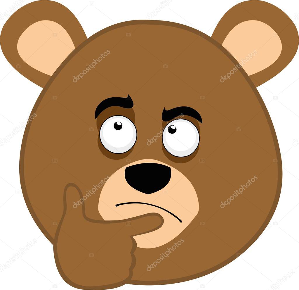 Vector emoticon illustration of the face of a cartoon brown bear with a thinking expression