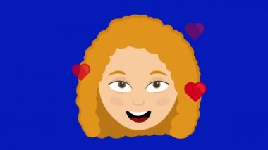 Yukarda yüzen kalplerle çevrili genç bir karikatür kadının yüzü. Mavi krom anahtar arka planında