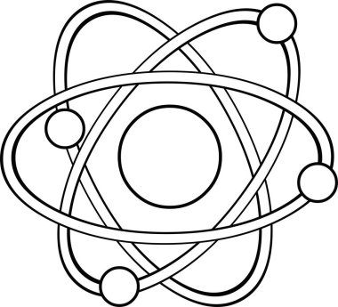 Siyah beyaz çizilmiş bir atomun vektör çizimi