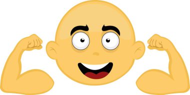 Kel, sarı çizgi film karakterinin kollarını esneten ve kaslarını kasan yüzünün vektör çizimi.