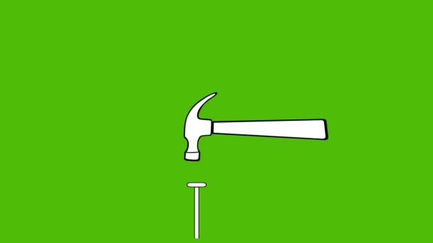 Animation Hammer Hitting Nail Drawn Black White Green Chroma Key — Stock Video