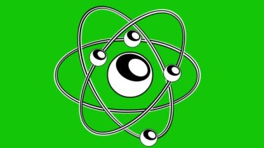 Siyah beyaz çizilmiş bir atomun döngü animasyonu. Yeşil krom anahtar arka planında