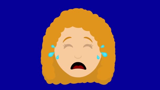 Loop Animation Face Cartoon Red Haired Woman Crying Blue Chroma — Stock Video