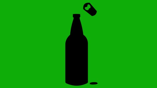 Loop Animation Black Silhouette Bottle Opener Opening Bottle Green Chroma — Video Stock