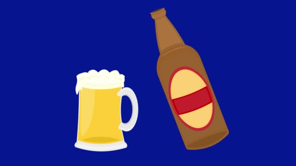 Animação Uma Garrafa Derramando Cerveja Copo Fundo Chave Croma Azul — Vídeo de Stock
