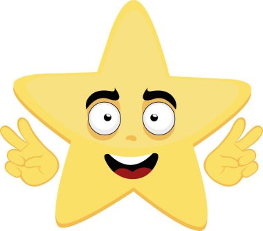 Bir yıldızın vektör çizgi film karakteri çizimi, mutlu bir ifadeyle, elleriyle sevgi ve barış jesti yapıyor.