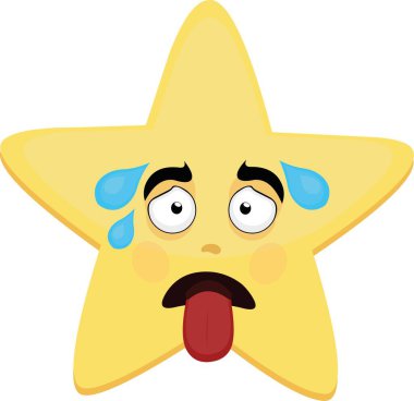 Çizgi film karakteri çizimi. Yorgun bir yüzü olan, dili dışarı sarkmış ve ter damlayan bir yıldız tasviri.