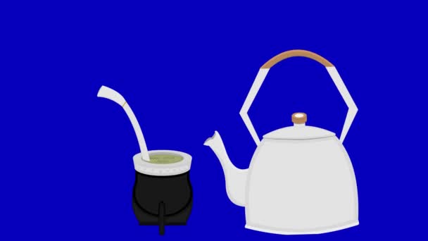 Видео Анимация Чайника Наливающего Горячую Воду Мате Йерба Классический Напиток — стоковое видео