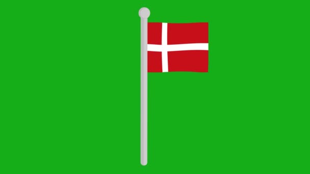 Animace Vlajky Značky Denmark Mávající Vlajkovém Stožáru Zeleném Pozadí Klíčem — Stock video