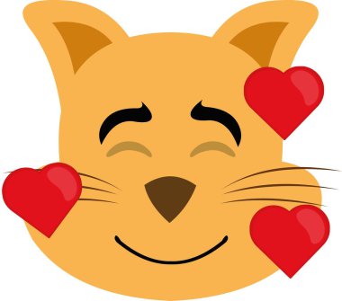 Mutlu bir ifadeyle ve kalplerle çevrili bir çizgi film kedisinin vektör çizimi