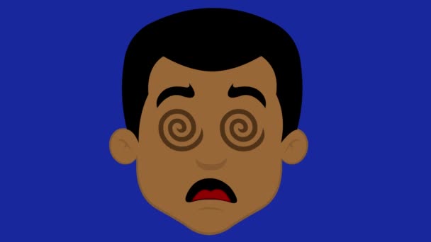 Циклічна Анімація Обличчя Гіпнотизованого Чоловіка Очима Вигляді Спіралей Повертаються Синьому — стокове відео