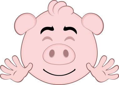 Yüzünde mutlu bir ifade olan ve ellerini sallayan bir domuzun vektör çizimi.