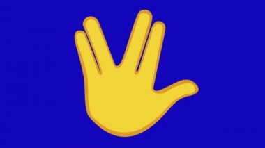Loop animation of a yellow hand doing the vulcan salute, on a blue chroma key background