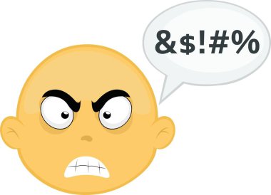 Kel, sarı bir karakterin suratının vektör çizimi, kızgın bir ifadeyle ve bir konuşma balonunda hakaret metniyle.