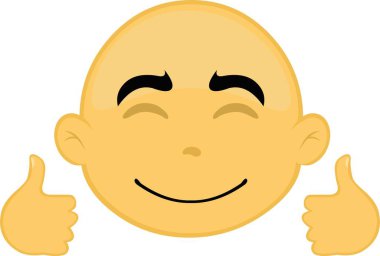 Mutlu bir ifadeyle kel, sarı çizgi film karakterinin vektör çizimi ve elleriyle baş parmak hareketi.