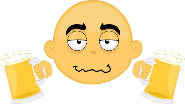 Векторная иллюстрация лица желтого и лысого героя мультфильма, пьяного в стельку с пивом в руках