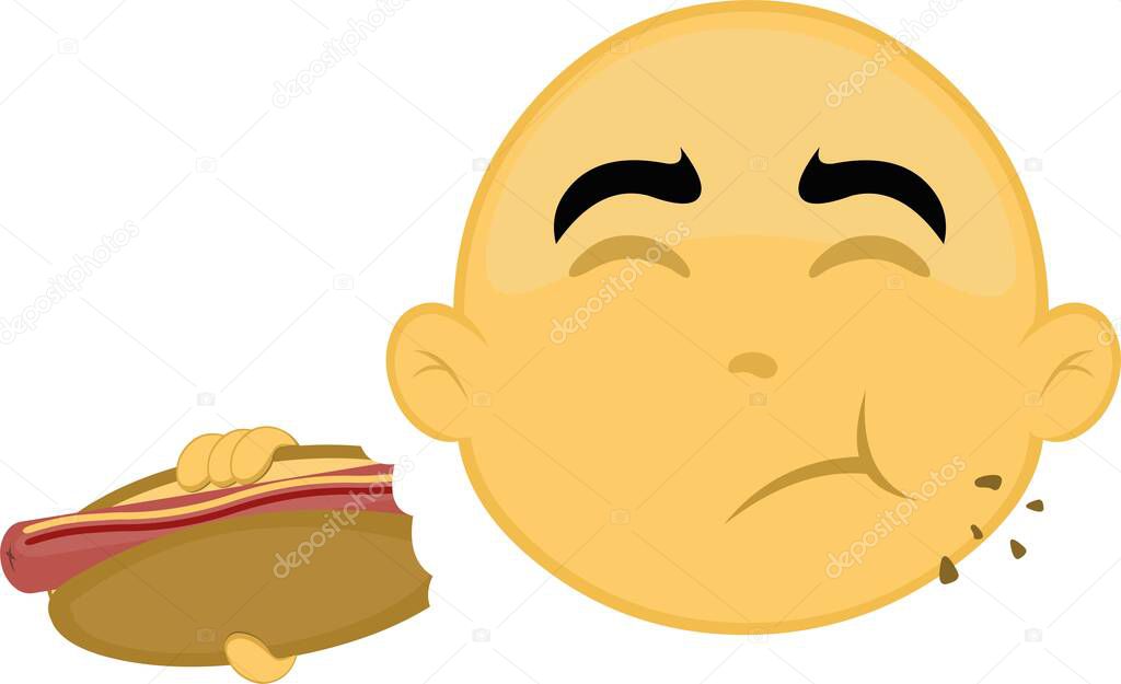 Vector illustration of the face of a yellow and bald cartoon character, eating a hot dog