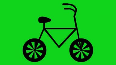 Animation loop of the black silhouette of a bicycle icon moving the wheels,on a green key chroma background