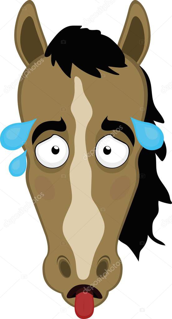 Vector illustration of the face of an exhausted cartoon horse, with his tongue out and drops of sweat on his head