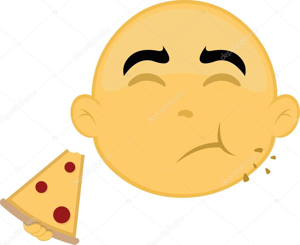 Vector illustration of the face of a yellow and bald character, eating a pizza