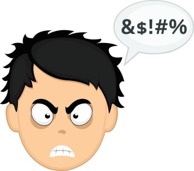 Vector illustration of a cartoon man face with an angry expression and a speech bubble with an insult text clipart