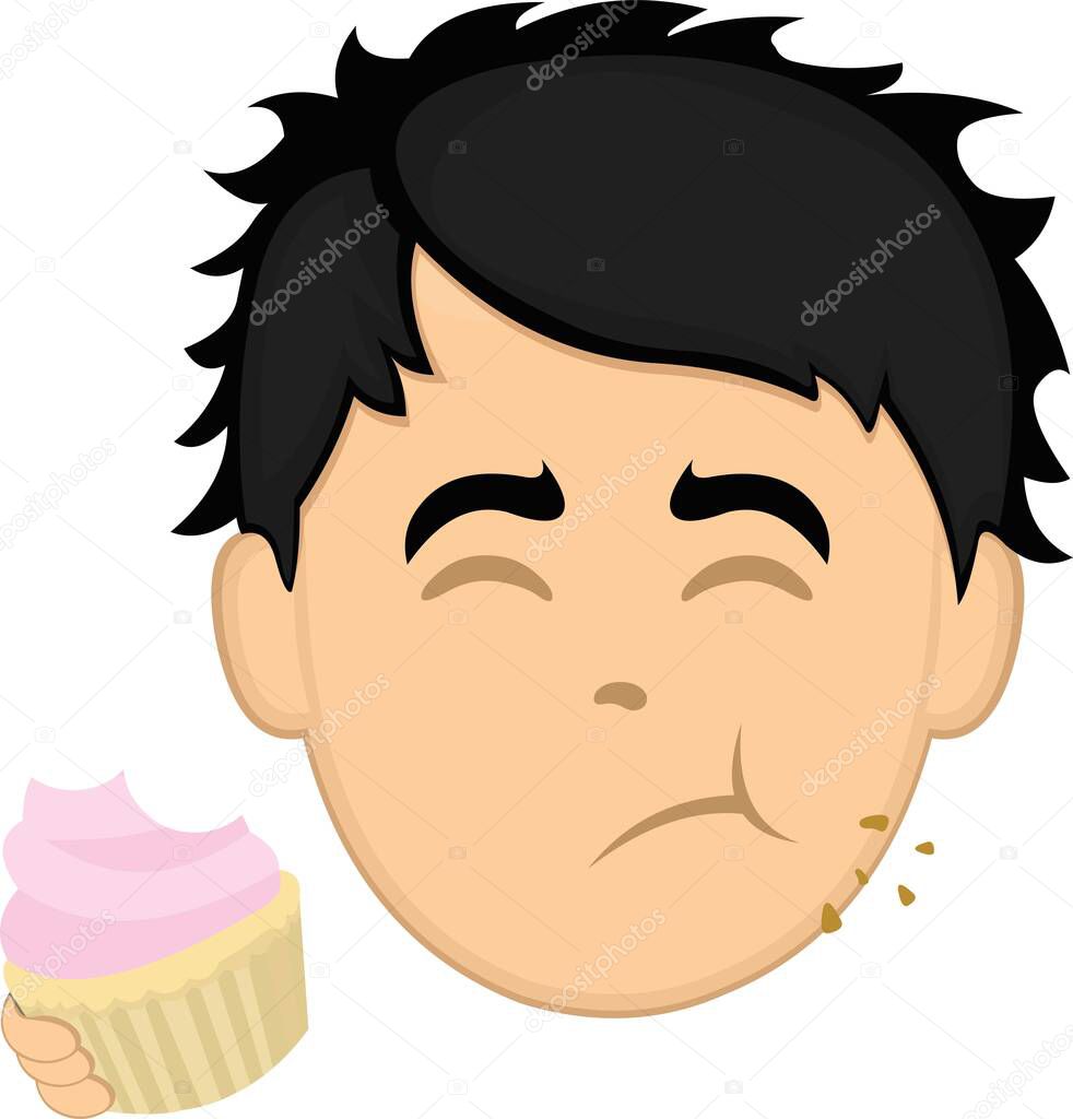 Vector illustration of a cartoon man's face eating a cupcake
