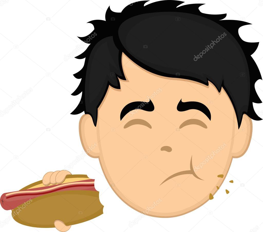 Vector illustration of a cartoon man face eating a hot dog