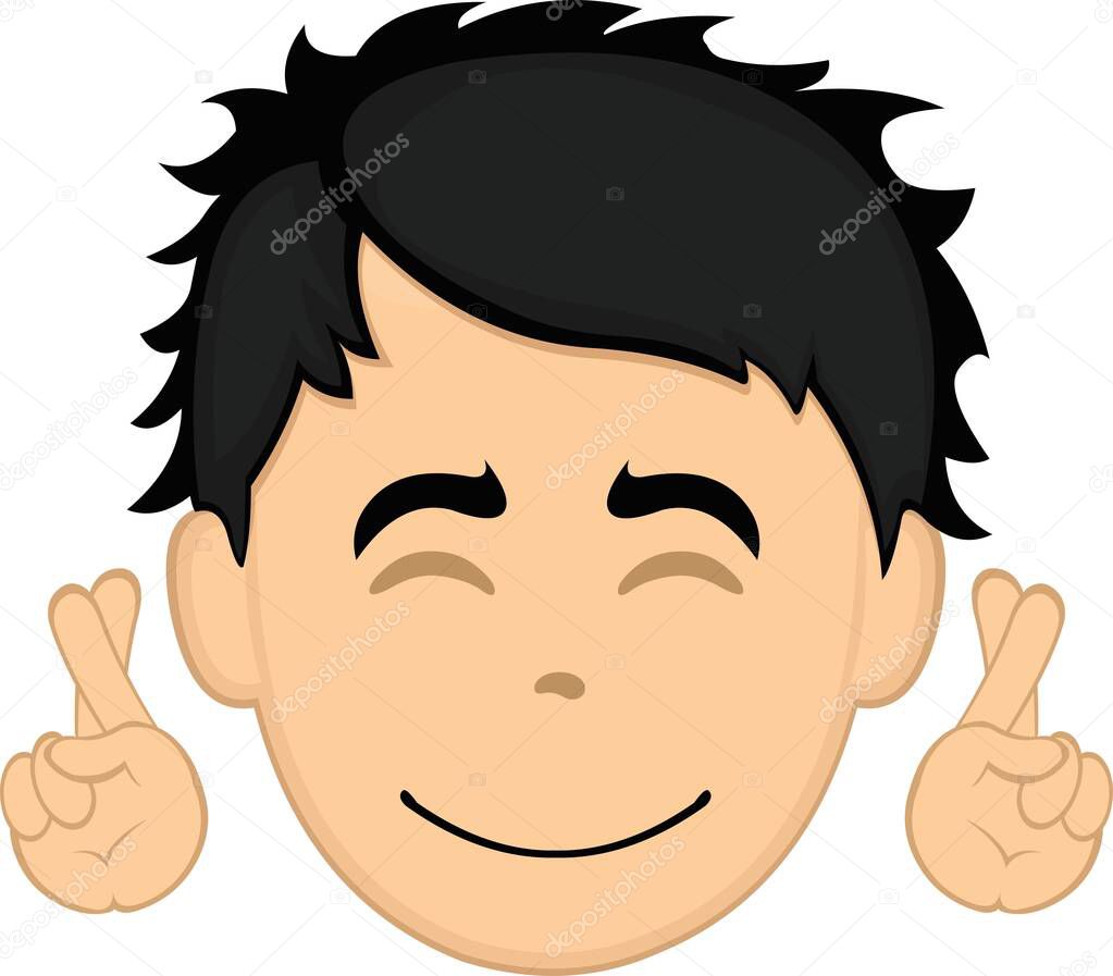 Vector illustration of a cartoon man face crossing his fingers