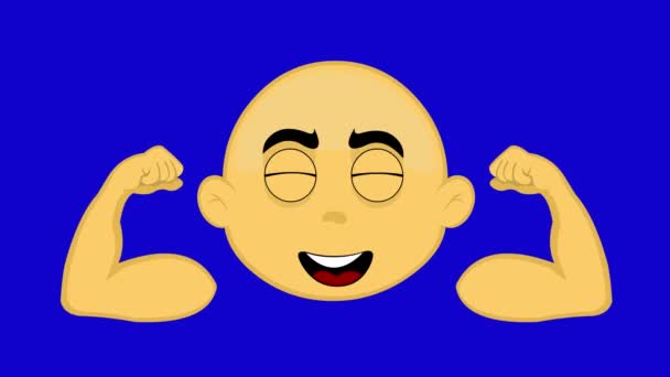 Loop Animation Face Yellow Cartoon Character Bald Flexing His Arms — Vídeos de Stock