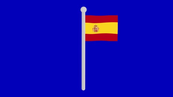 Animatie Van Vlag Van Spanje Zwaaiend Een Vlaggenmast Een Blauwe — Stockvideo