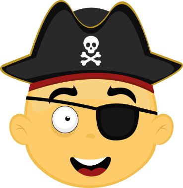 Sarı karikatür korsan suratlı, şapkalı ve göz bantlı bir vektör çizimi.