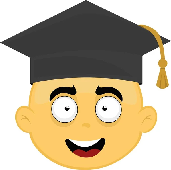 Vector Illustration Face Yellow Cartoon Character Graduation Hat — Vetor de Stock