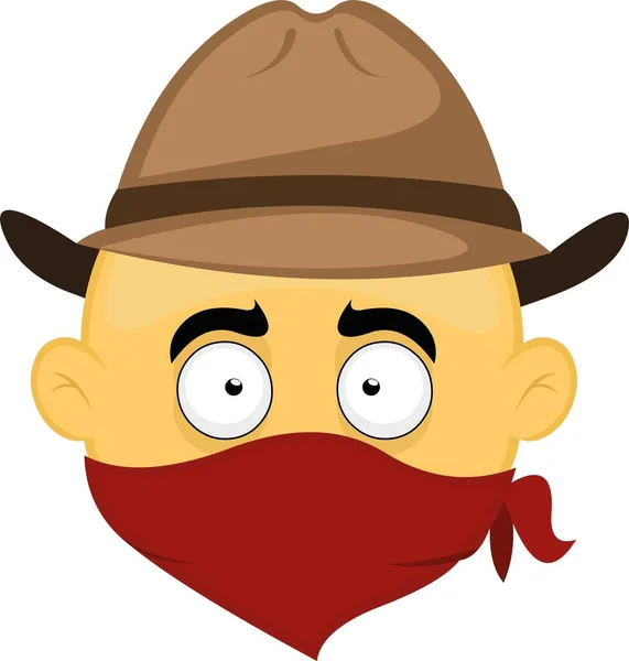 Vector Illustration Head Yellow Cartoon Bandit Character Cowboy Hat Red — Stock Vector