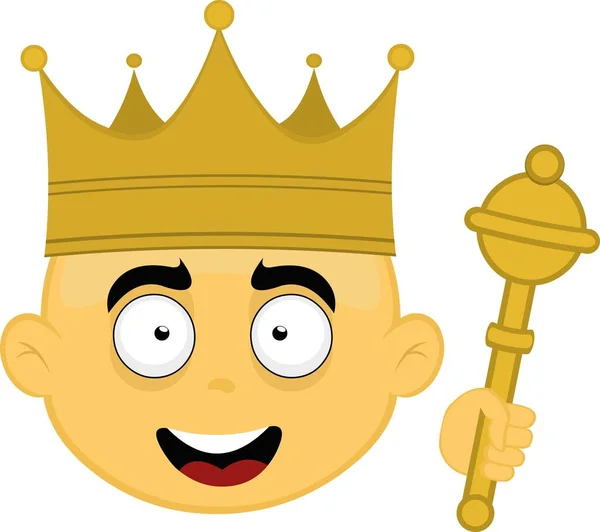 Vector Illustration Yellow Cartoon Character Face King Crown Scepter — 스톡 벡터