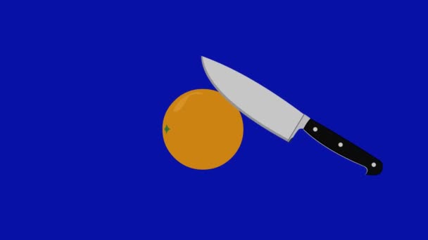 Smyčka Animace Kuchyňského Nože Řezání Pomeranče Polovině Modrém Chroma Klíčovém — Stock video