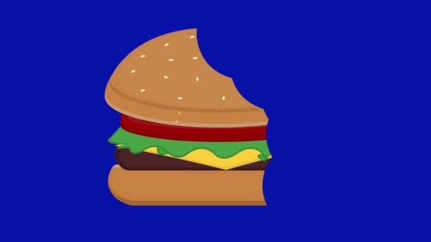 Loop Animation Bites Hamburger Being Eaten Blue Chroma Key Background — Stock Video