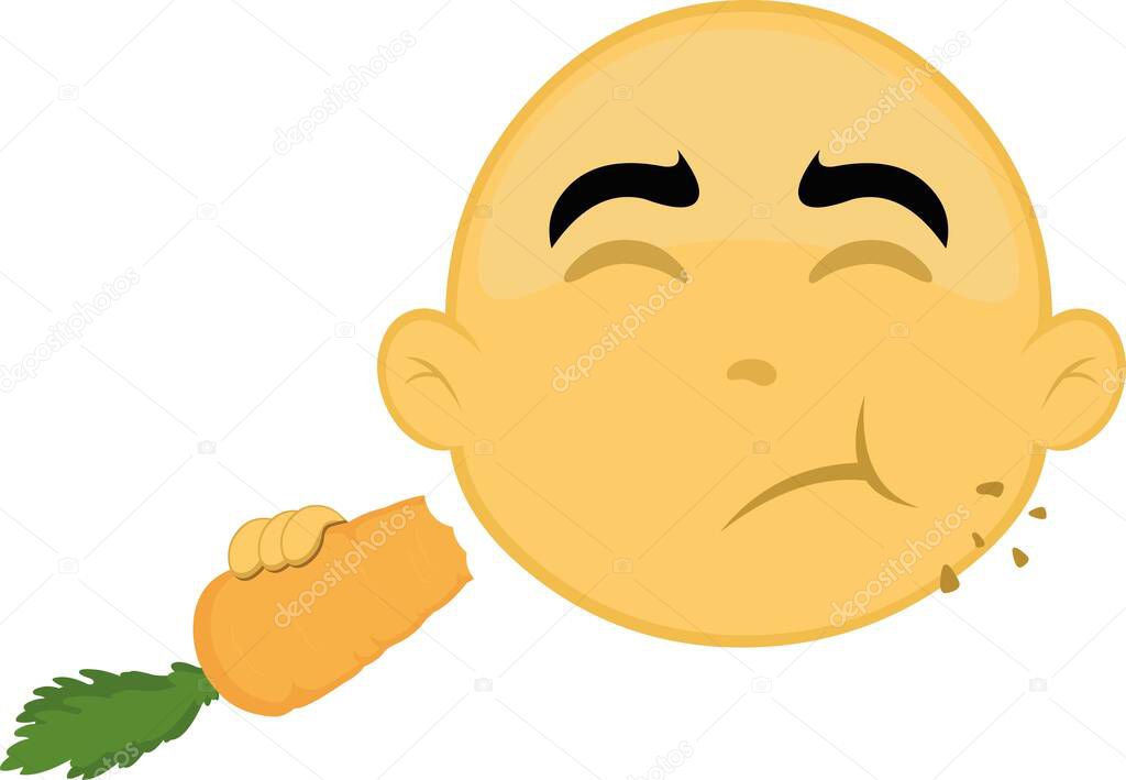 Vector illustration of the face of a yellow and bald cartoon character, eating a carrot