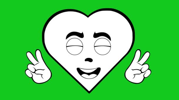 Animación Bucle Personaje Dibujos Animados Corazón Haciendo Clásico Gesto Victoria — Vídeo de stock
