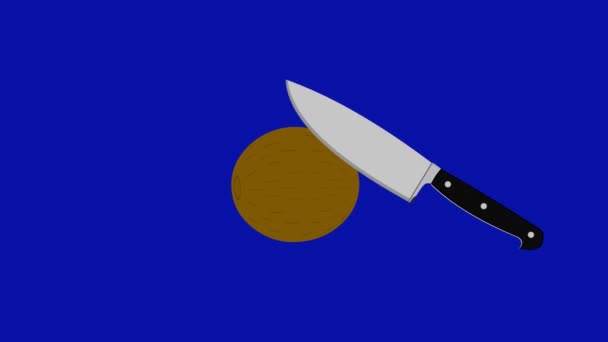 Кольцевая Анимация Ножа Разрезающего Плоды Киви Пополам Голубом Фоне Ключа — стоковое видео